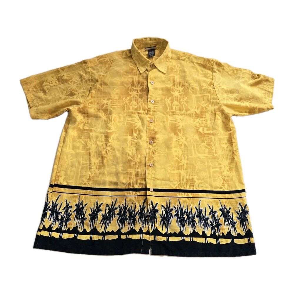 VTG Extreme Gear Hawaiian Shirt Men's XL Yellow/Black Palm Trees Tropical Beach